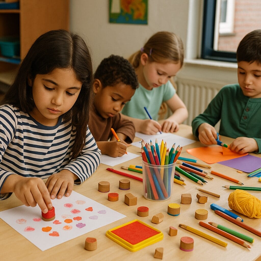 Een afbeelding van kinderen die creatief bezig zijn in een azielzoekerscentrum.