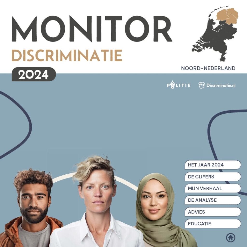 Voorpagina van de Monitor Discriminatie 2024 met hierop verschillende mensen, het logo van discriminatie.nl en de politie en een kaart van Nederland met het Noorden in een andere kleur uitgelicht.