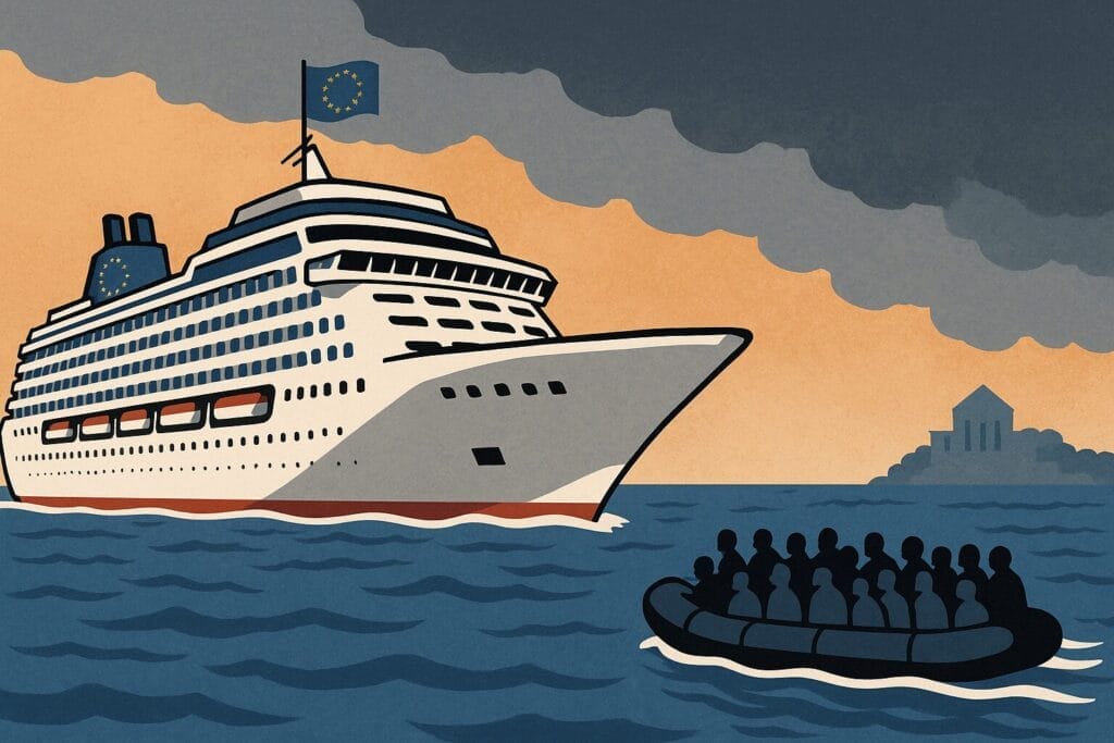 Een enorm, modern cruiseschip met Europese vlaggen vaart glanzend over een kalme zee. Aan de rand van het beeld: een klein, overvol rubberbootje met vluchtelingen – kwetsbaar, dreigend te kapseizen. De lucht is dreigend, het cruiseschip vaart onverschillig door. Eventueel op de achtergrond een silhouet van een gebouw (zoals het Aquaverium) dat lijkt op een ark, stralend en open.