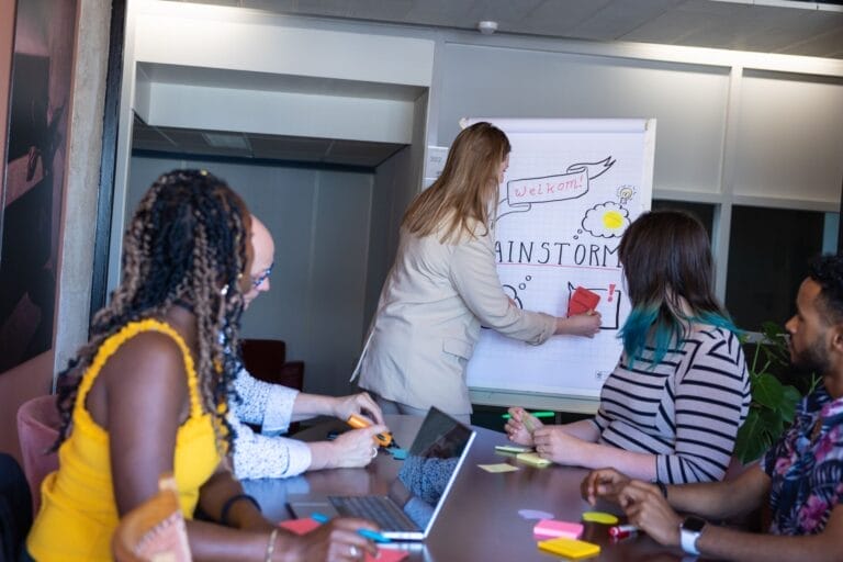Foto van brainstorm met diverse mensen, waar een trainer verschillende woorden op een flipover schrijft.